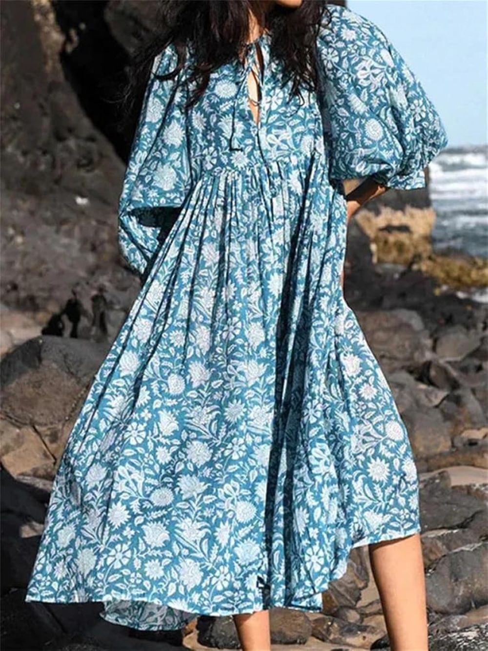 Daughters of India Kyra Ocean Blue Floral 100% Cotton Dress